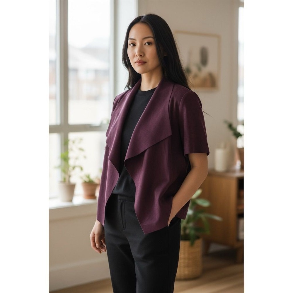 Chico's moleskin Women 3/4 Sleeve Blazer Wine Purple M 8 Sz 1 gold side zippers